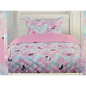 KIDS RULE UNICORNS PINK METALLIC AQUA REVERSIBLE TWIN QUILT SHAM SET $140+